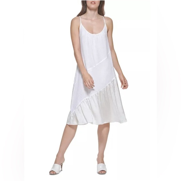 DKNY Pure Ruched Mixed Media Asymmetrical Slip Dress Linen Size Small White - Picture 2 of 12